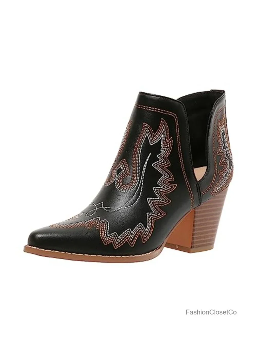 Cowgirl Ankle Boots Pointed Toe Chunky Heel Cutout Western Embroidered Slip-On